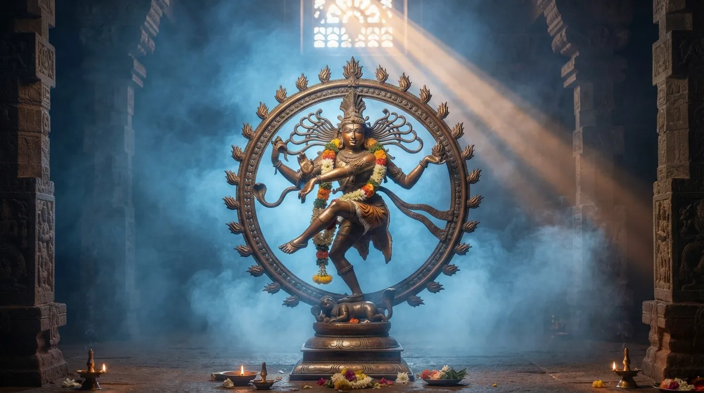 Meditative and serene depiction of Lord Nataraja with a calming blue morning fog background.