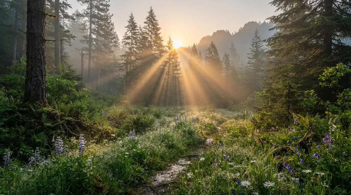 Sun rays filtering through green forest trees on a quiet Saturday morning.
