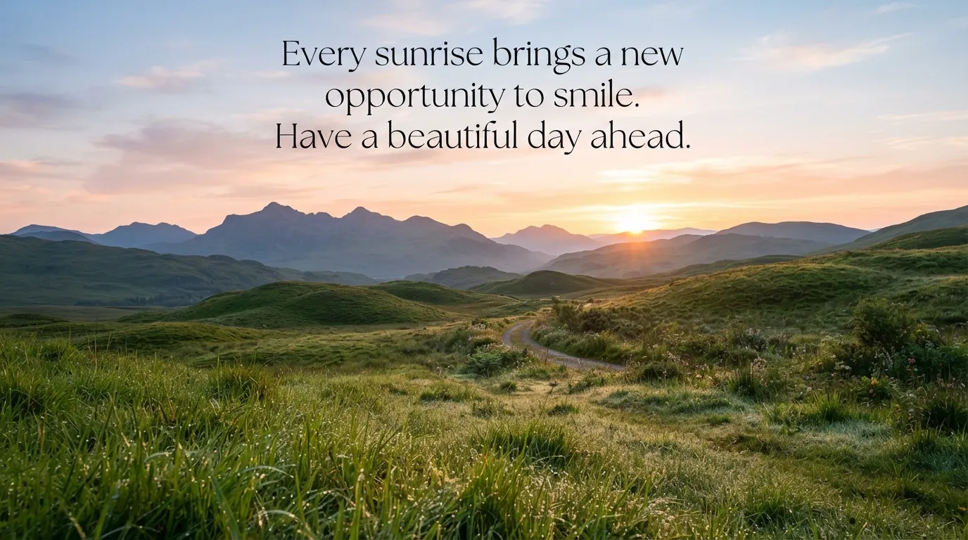 Beautiful morning sunrise behind green mountains with inspirational text.