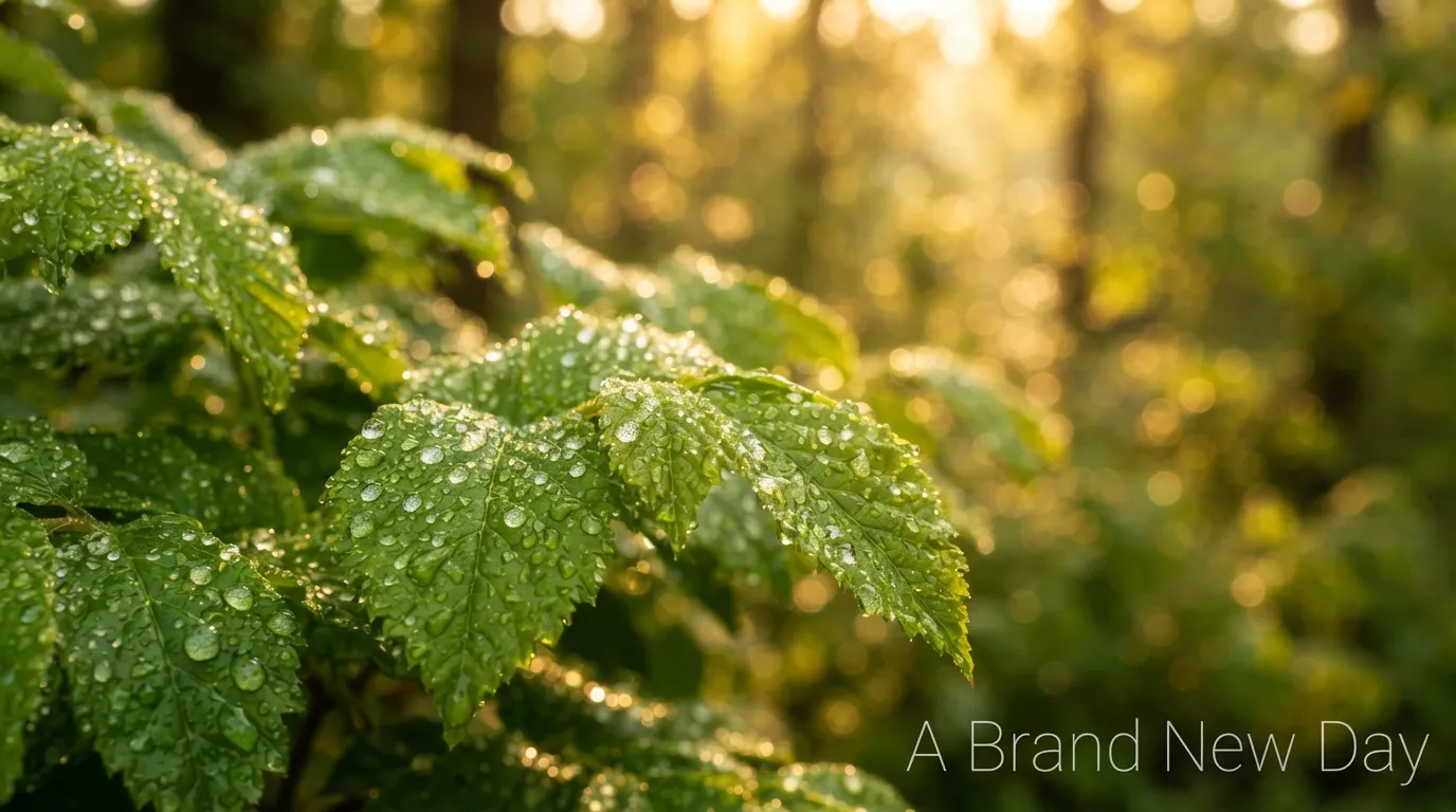 Dewy green leaves in a forest shining under Tuesday morning sunlight.
