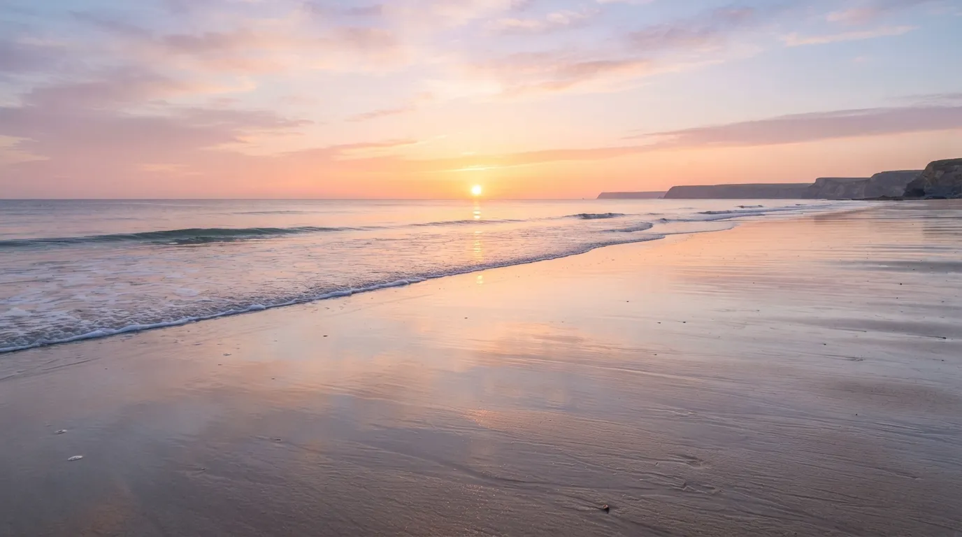 Calm ocean waves washing ashore during a colorful sunrise good morning.