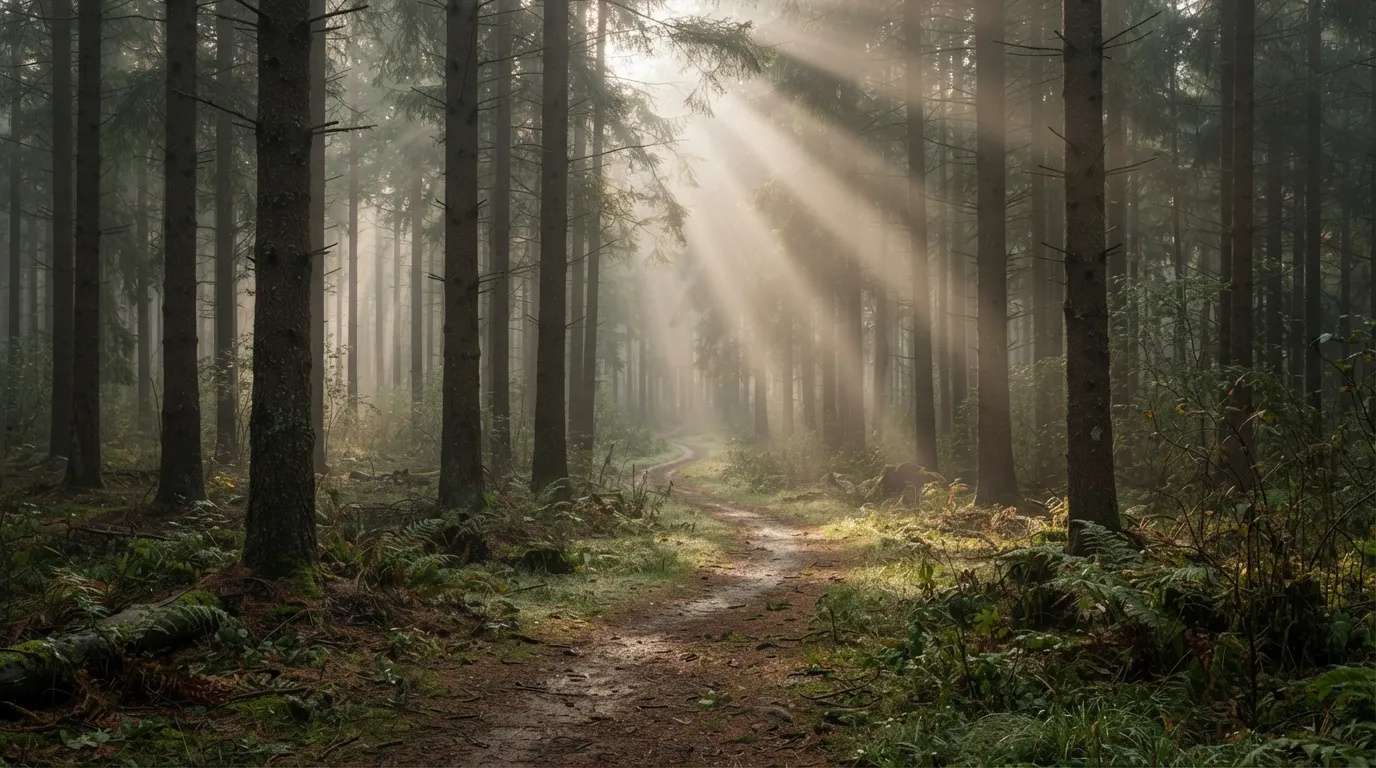 Sunbeams through a misty forest path for friend good morning images