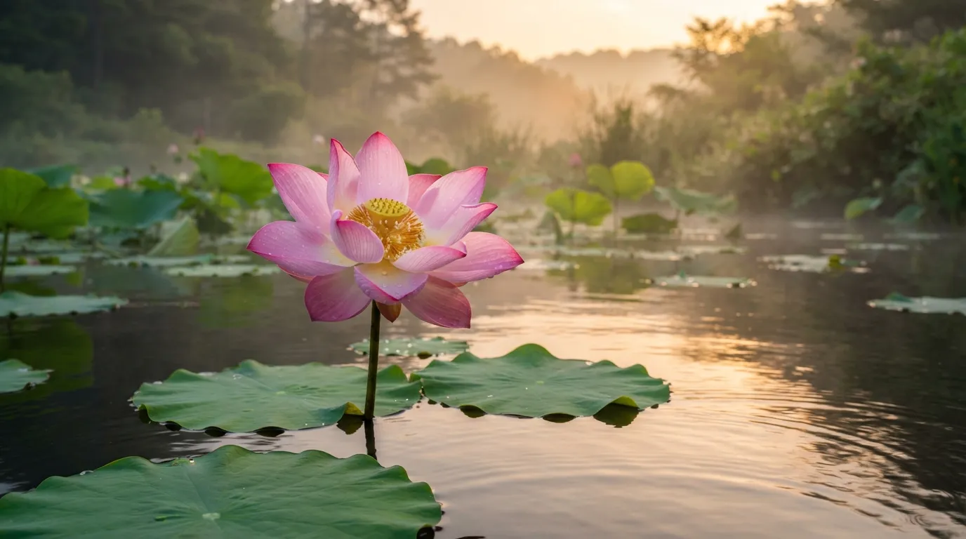 A beautiful pink lotus flower blooming in a calm pond during morning sunrise.
