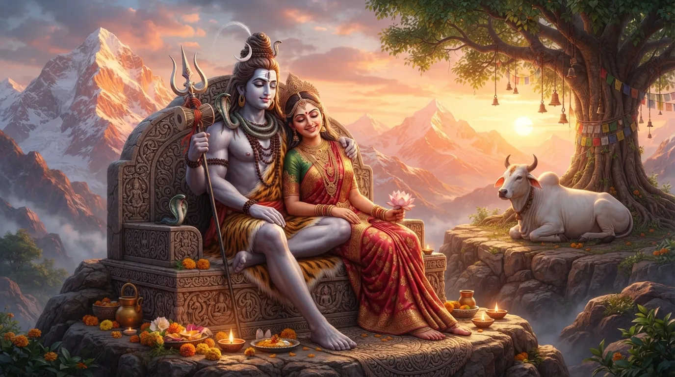 Lord Shiv Parvati images love depicting a serene moment on the snowy peaks of Kailash.