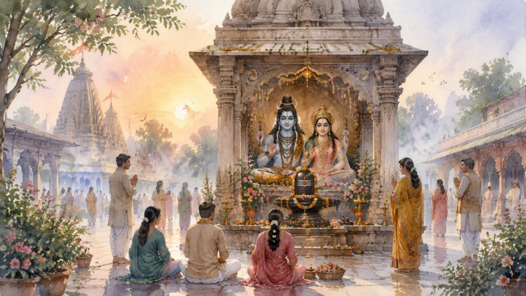 A soft, pastel watercolor painting showing a quiet morning gathering at a detailed ancient temple courtyard dedicated to Shiv and Parvati.