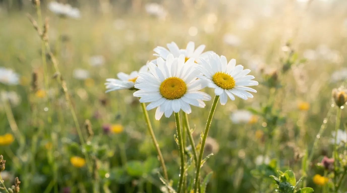 Simple and elegant white daisy flowers in a field during a calm morning.