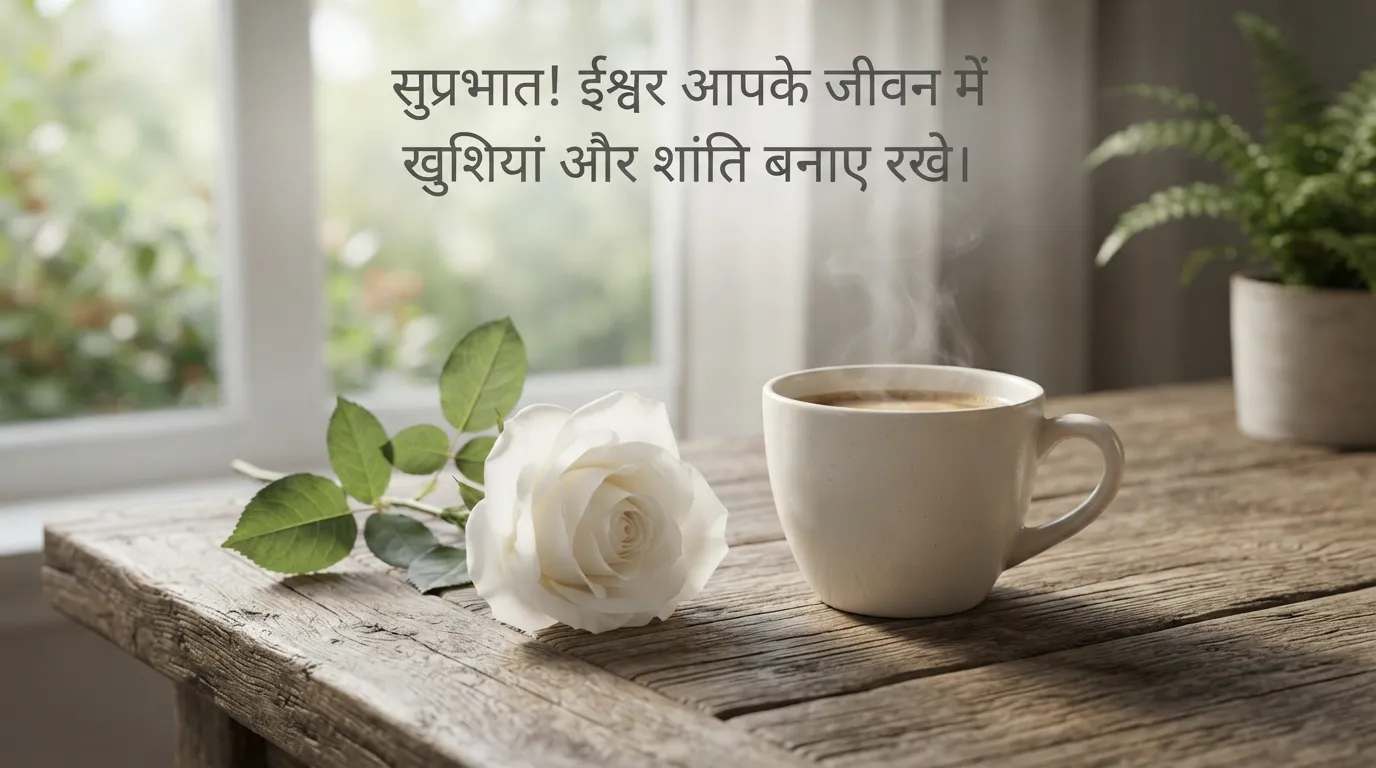 Pure white rose symbolizing peace with a spiritual Hindi morning wish.