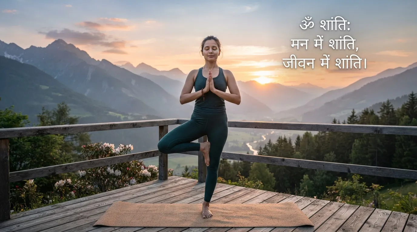 A woman in a peaceful yoga pose at dawn with a calm Hindi quote.