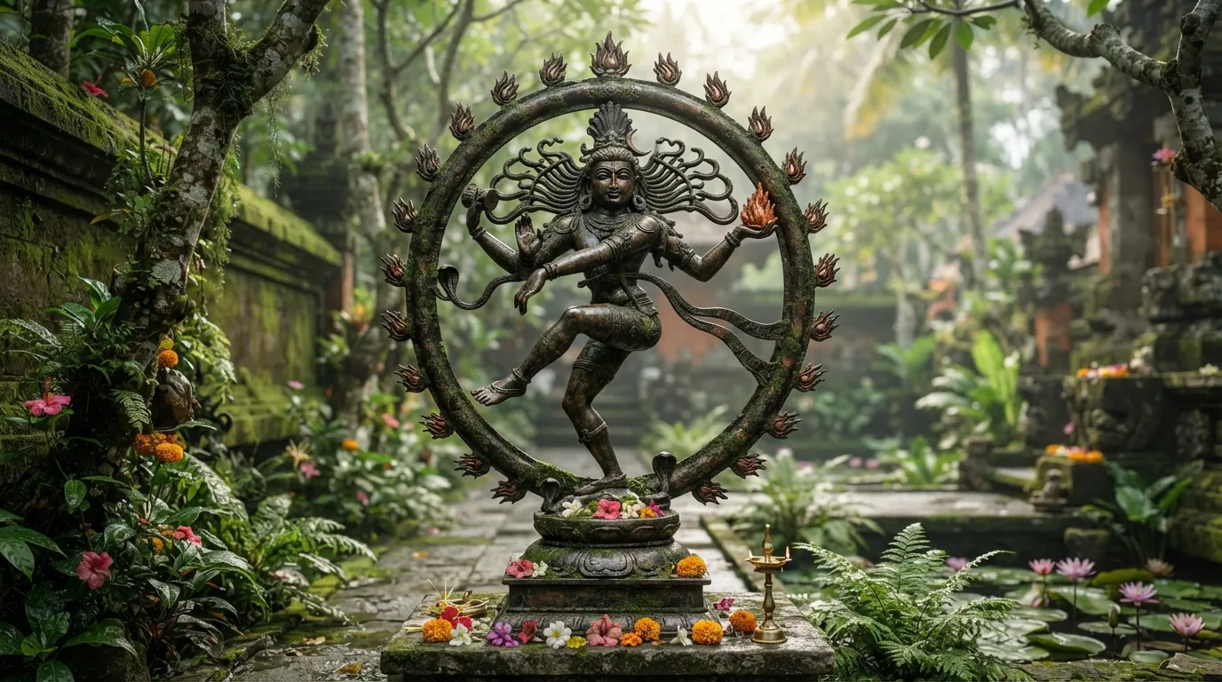 A photorealistic image of Lord Shiva Nataraja, set in a peaceful natural environment.