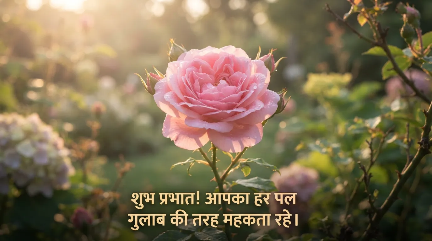 Soft pink rose in morning light with a Hindi good morning quote.