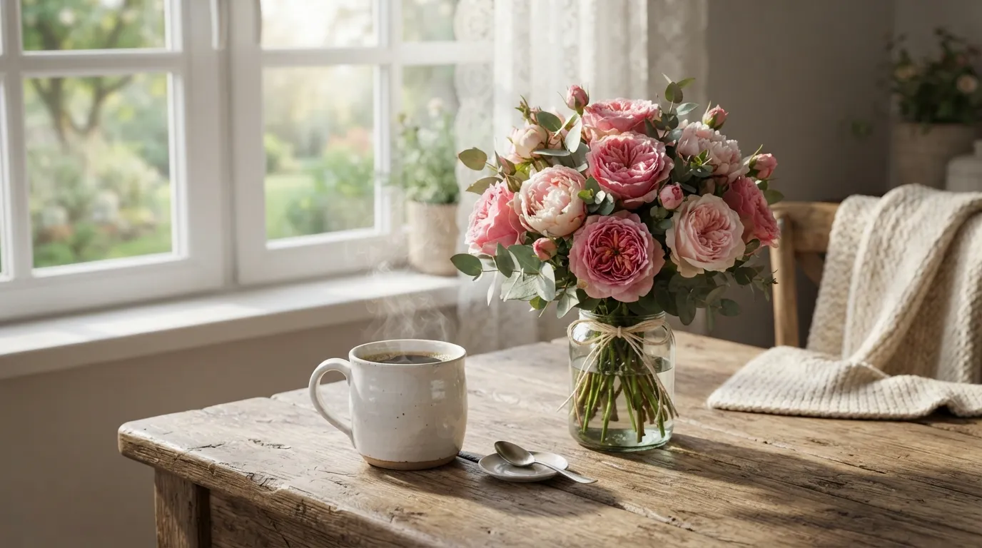 Beautiful pink roses next to a steaming cup of coffee on a wooden table.
