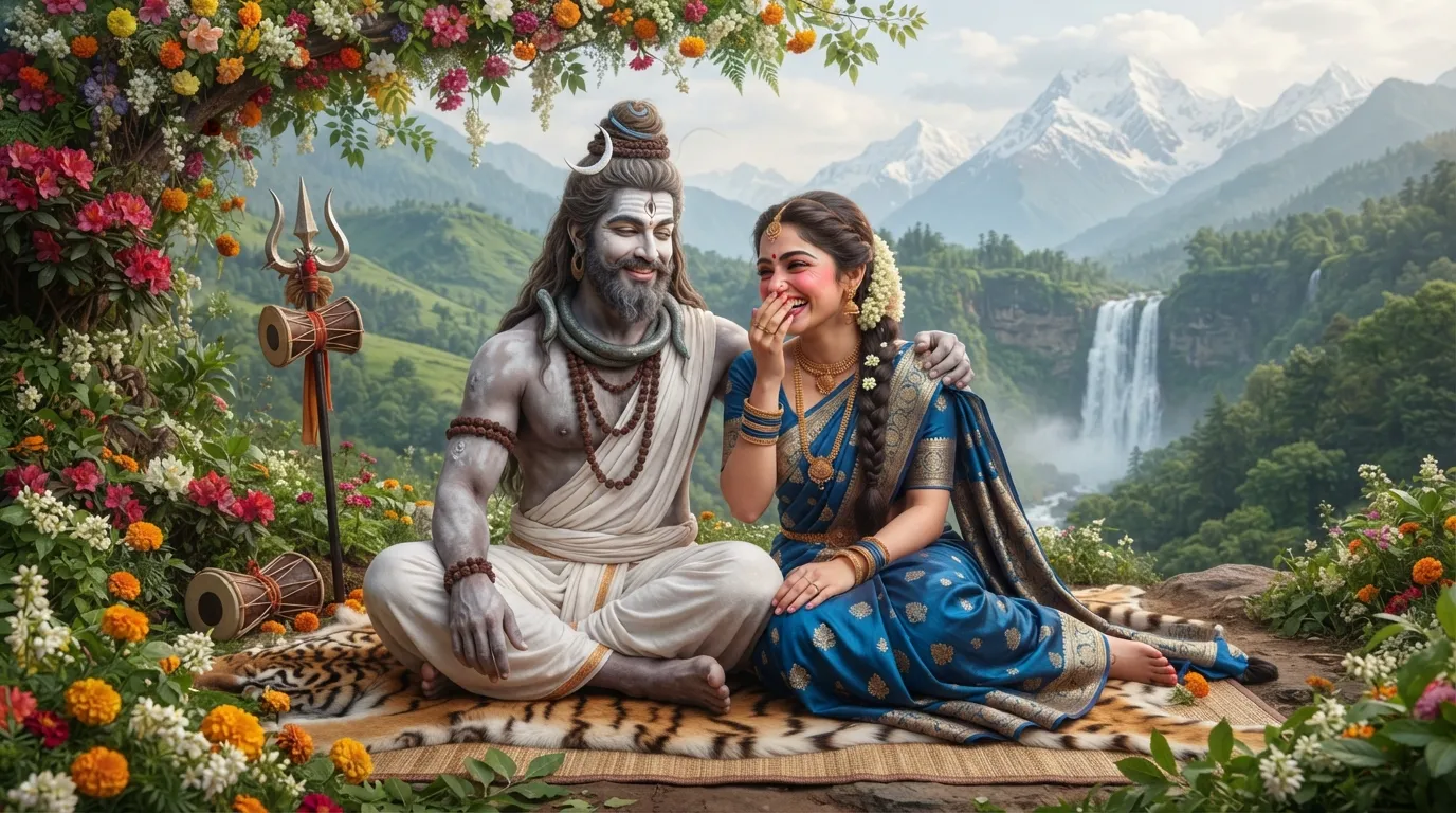 A cute illustration of Lord Shiva and Goddess Parvati laughing playfully in a serene Himalayan setting
