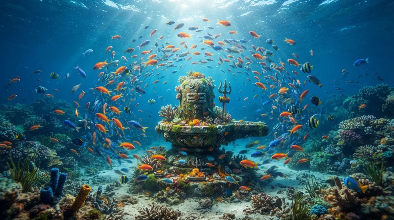 Small Shivling with Fish Swimming Around It