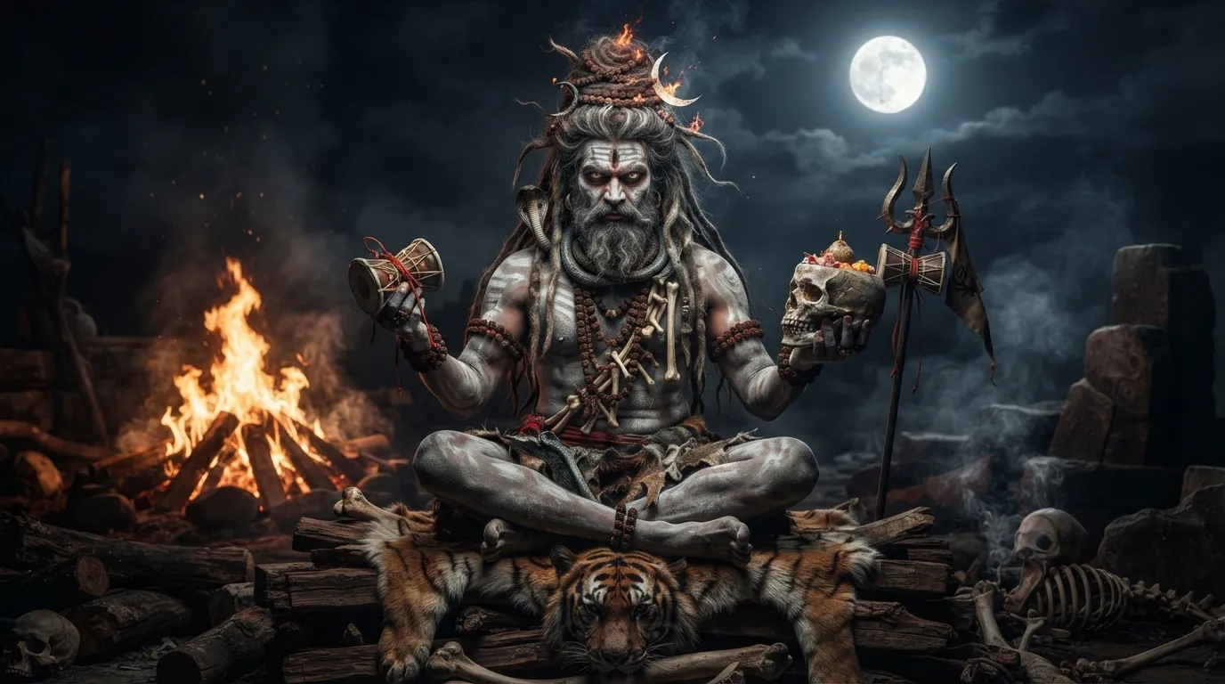 A striking and raw 4k depiction of Lord Shiva in his Aghori form, with ashes covering his body and holding a damru.