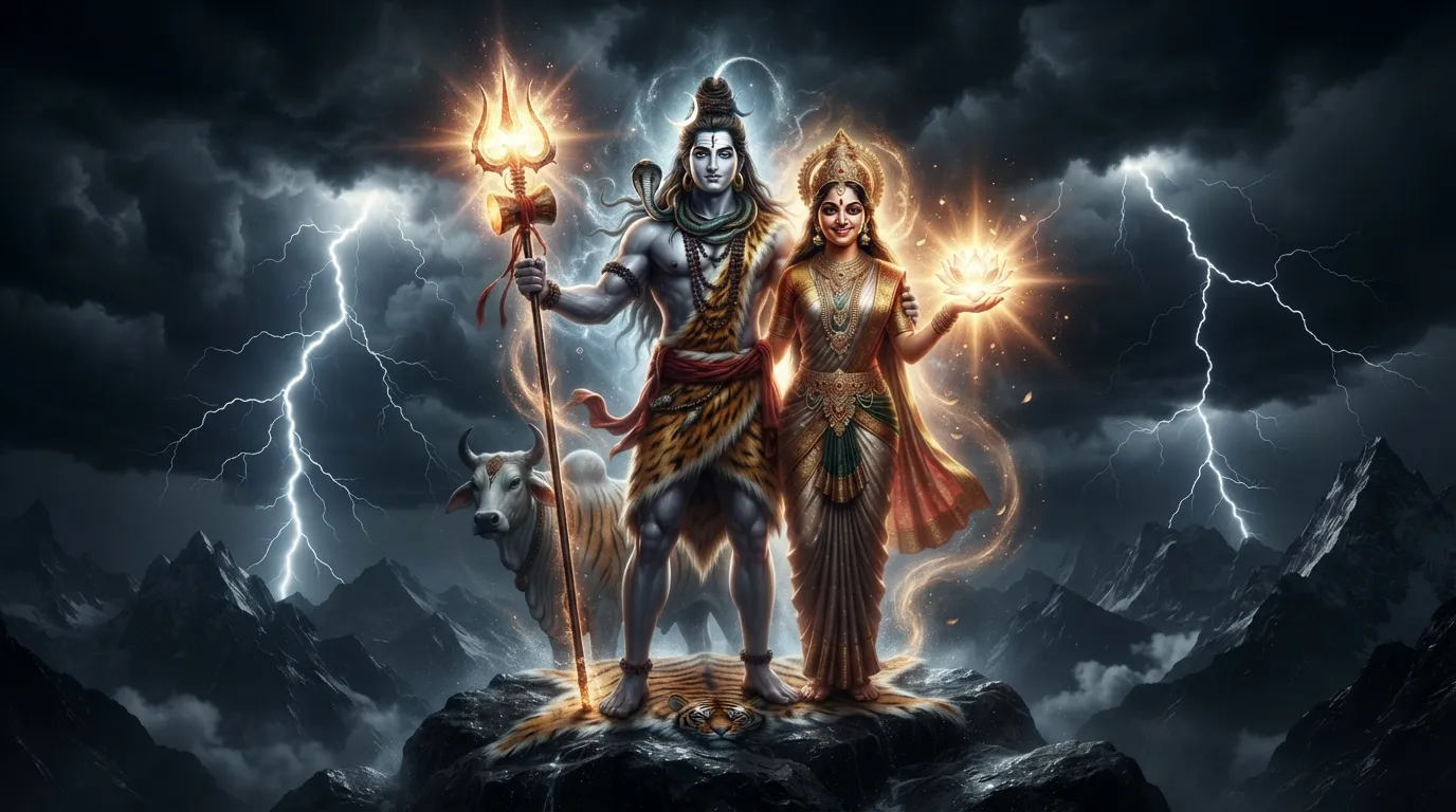 Mighty protective form of Lord Shiva with Trishul and powerful Goddess Parvati.