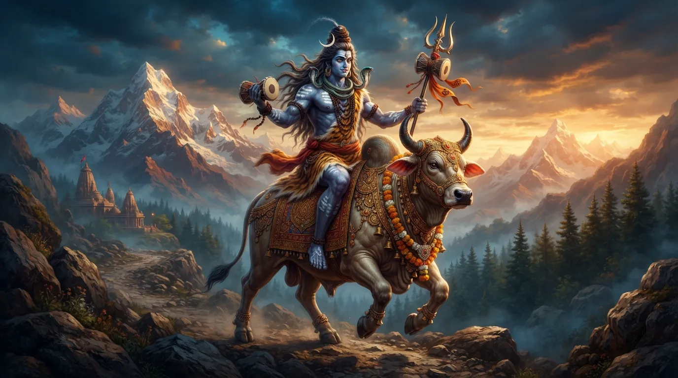 Lord Shiva riding his faithful companion Nandi, the bull.