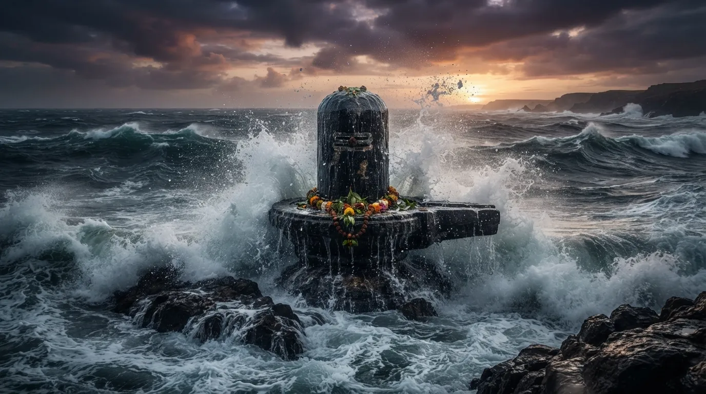 Dark Shivling on a Rocky Reef with Waves Crashing Above