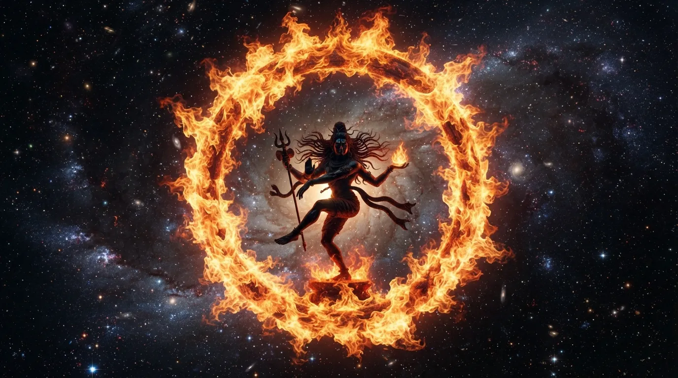 Wide-angle artistic image of Shiva Nataraja performing Tandava inside a massive glowing ring of fire.