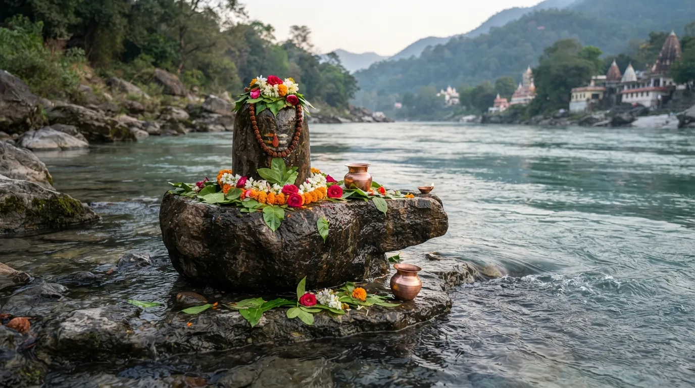 Ek prakritik pathar ya shila se bana Bholenath Shivling, ek pavitra nadi ke tat par.