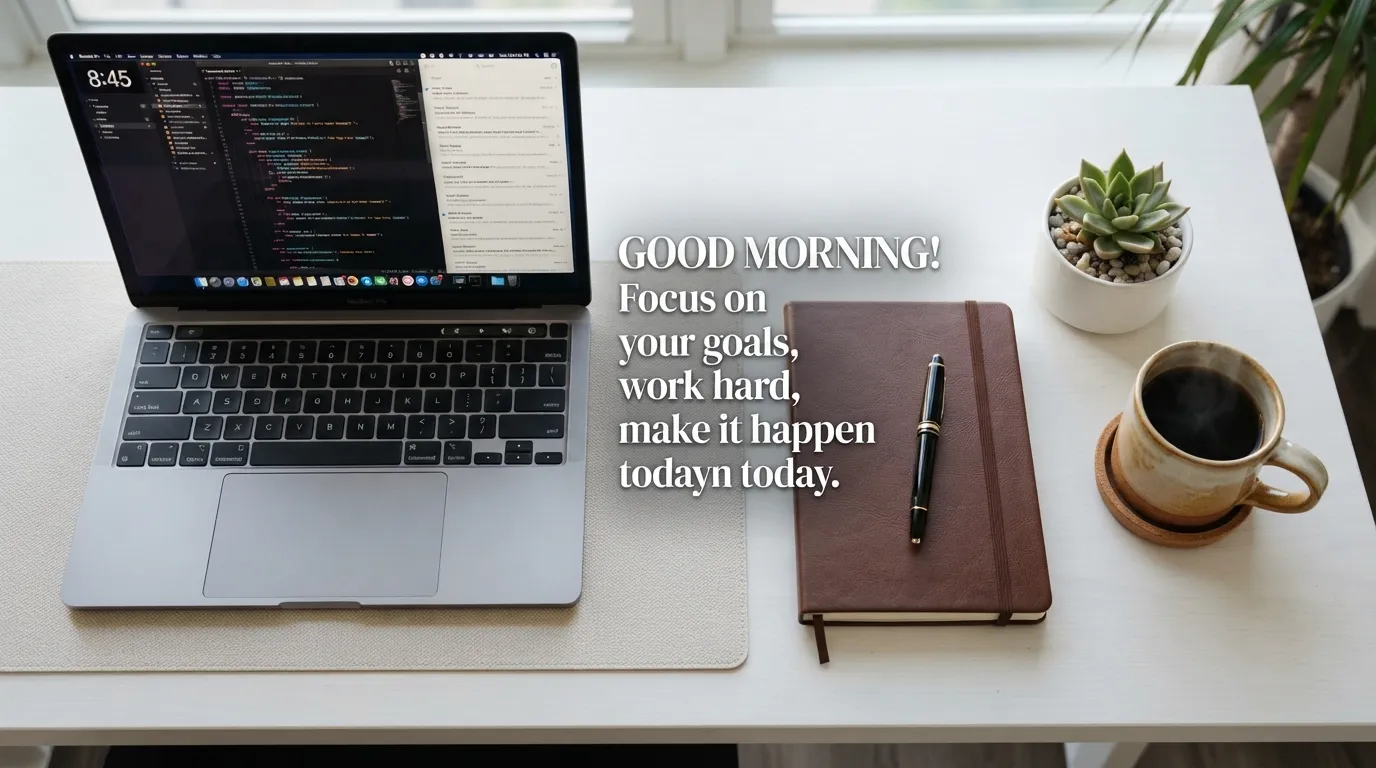 An organized office desk with a laptop, diary, green plant, and a good morning motivational quote.