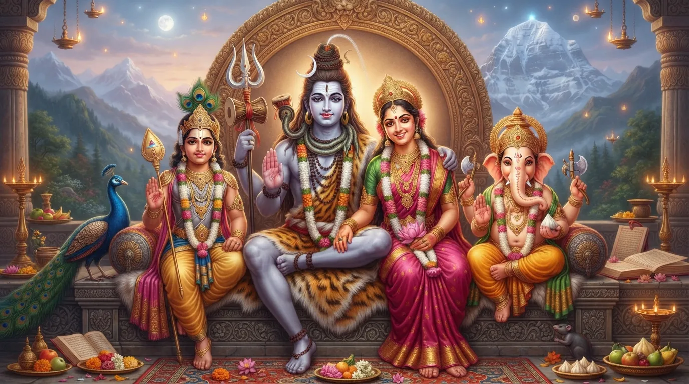 Shiv Parvati family photo real, portraying them with Kartikeya and Ganesha, blessing devotees.