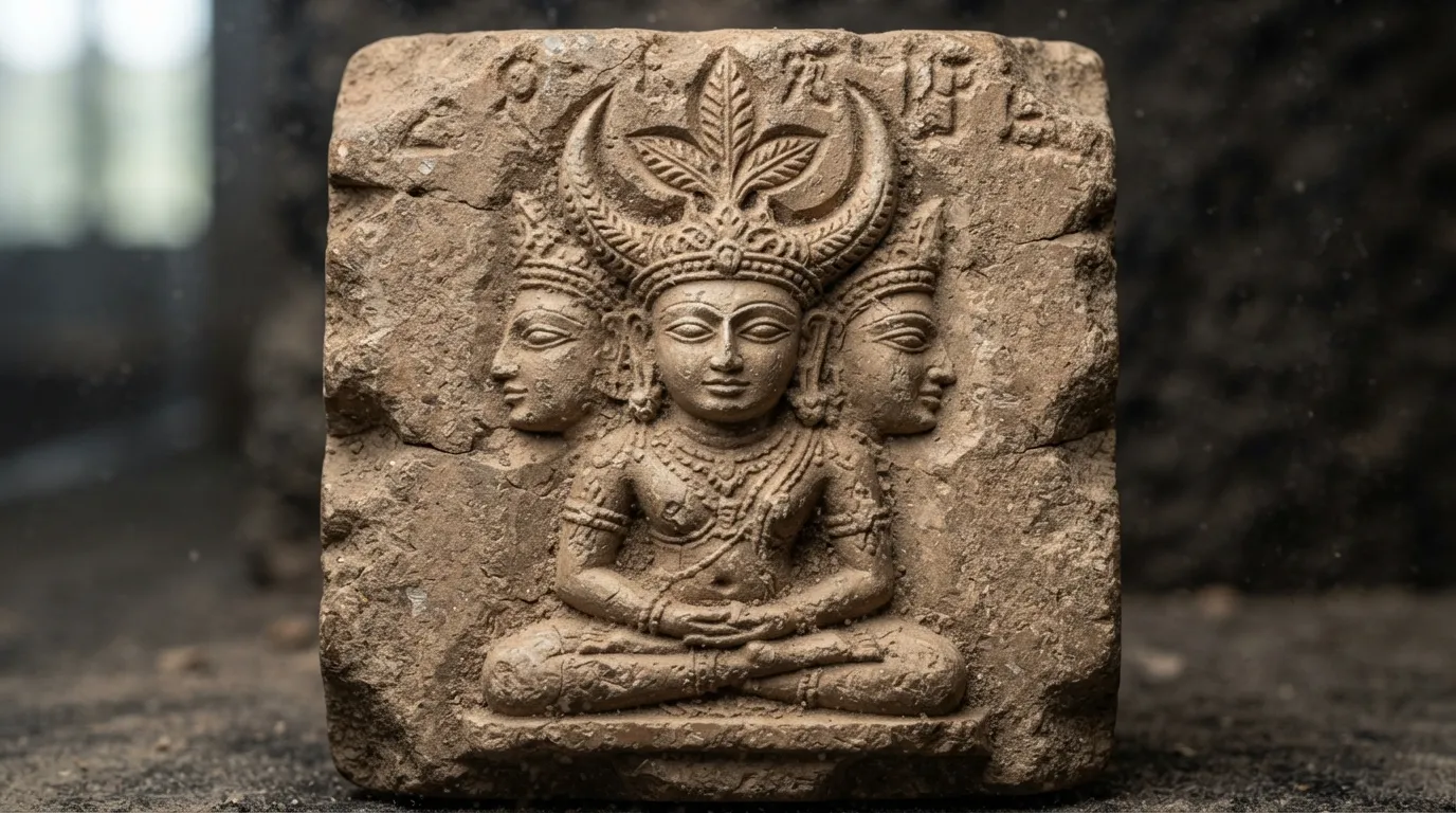 Stone relief carving of a three faced deity representing early Shiva worship in Harappa.