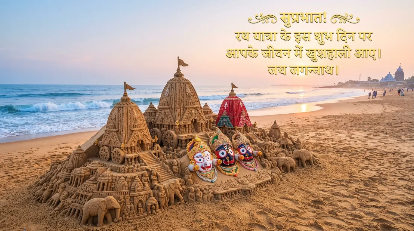 Beautiful sand art sculpture of Lord Jagannath's chariot on Puri beach with Hindi greetings.