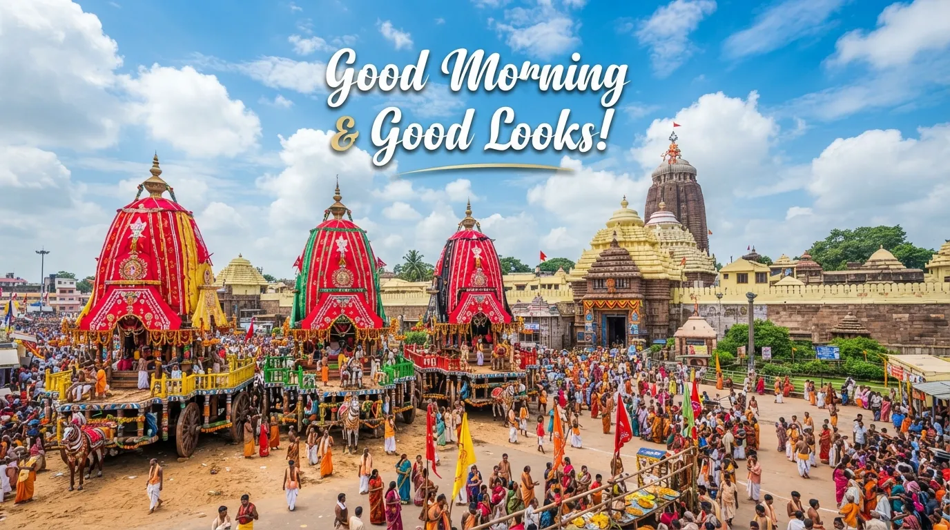 The three grand chariots of Lord Jagannath, Balabhadra, and Subhadra at Puri during Ratha Yatra.