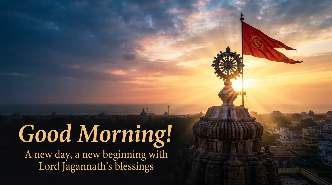 Neela Chakra of Puri Jagannath Temple at sunrise with Rath Yatra 2026 greetings.
