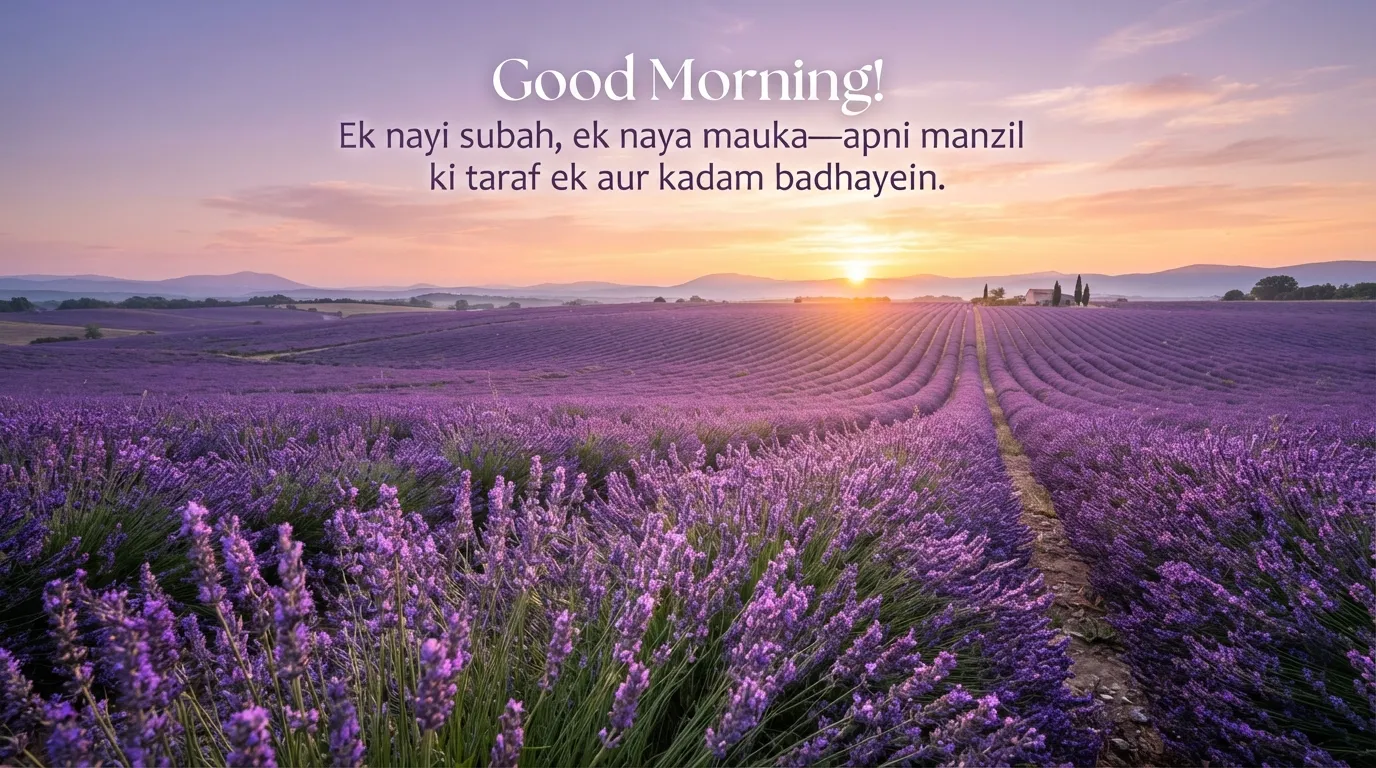Scenic lavender fields at sunrise good morning image in Hindi