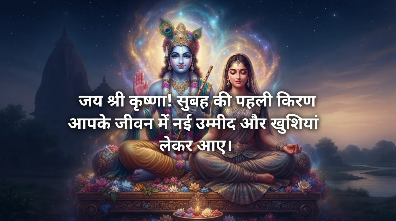 Peaceful Radha Krishna image with devotional Hindi morning quote