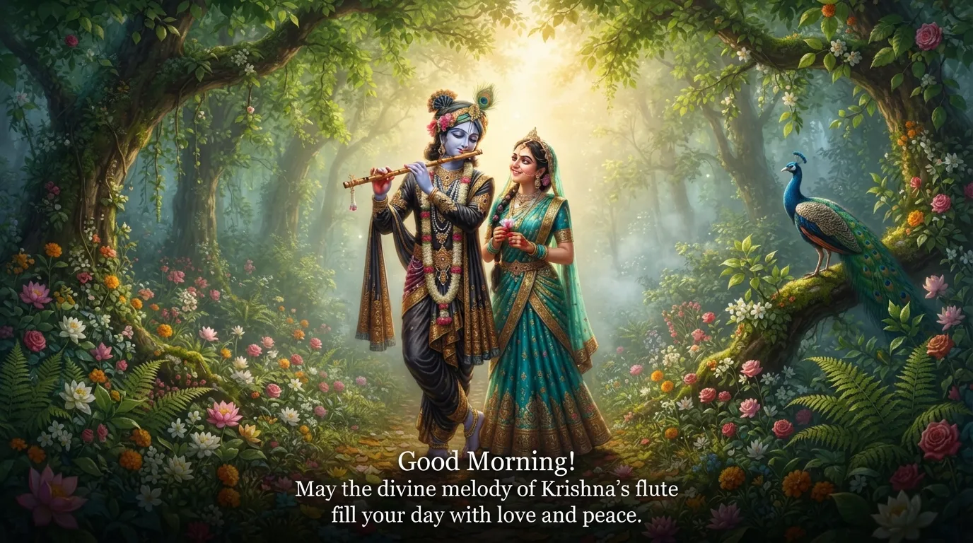 Radha Krishna standing together in a scenic forest in the morning, Krishna playing flute
