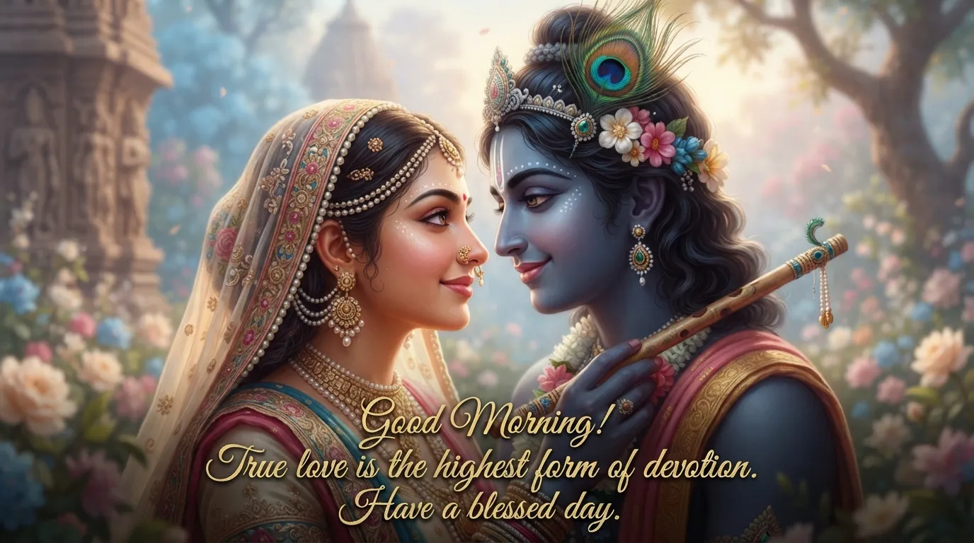Artistic close-up of Radha Krishna looking at each other lovingly in the morning