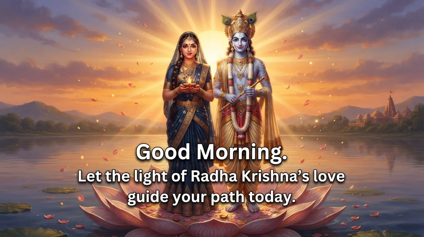 Radha Krishna blessing pose during a bright sunrise morning background