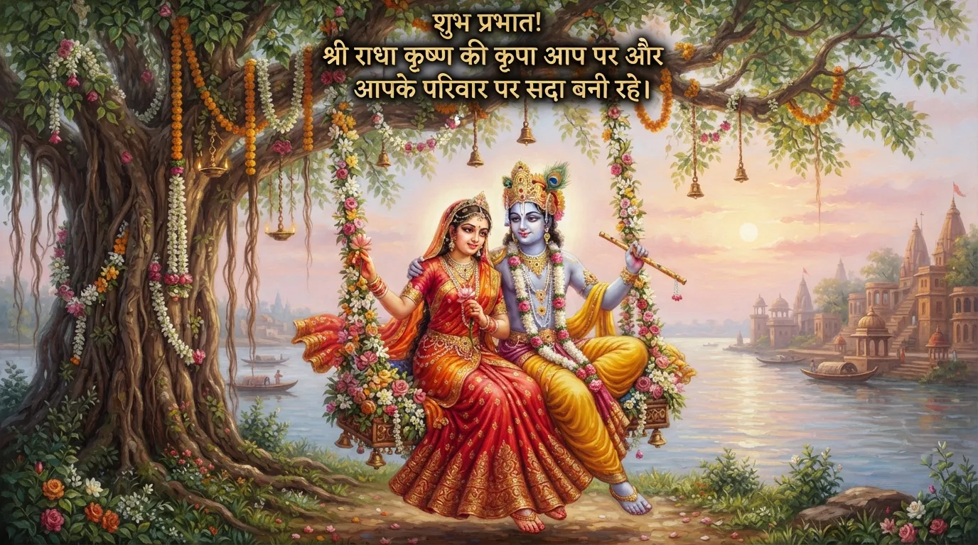 Radha Krishna beautiful painting style image with Hindi good morning wishes