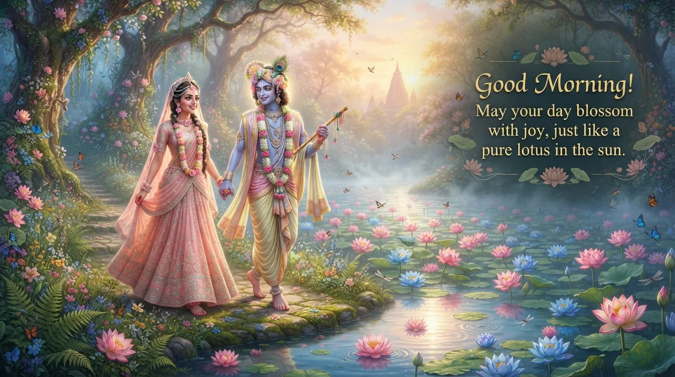 Radha Krishna standing near a blooming lotus pond in the morning sun
