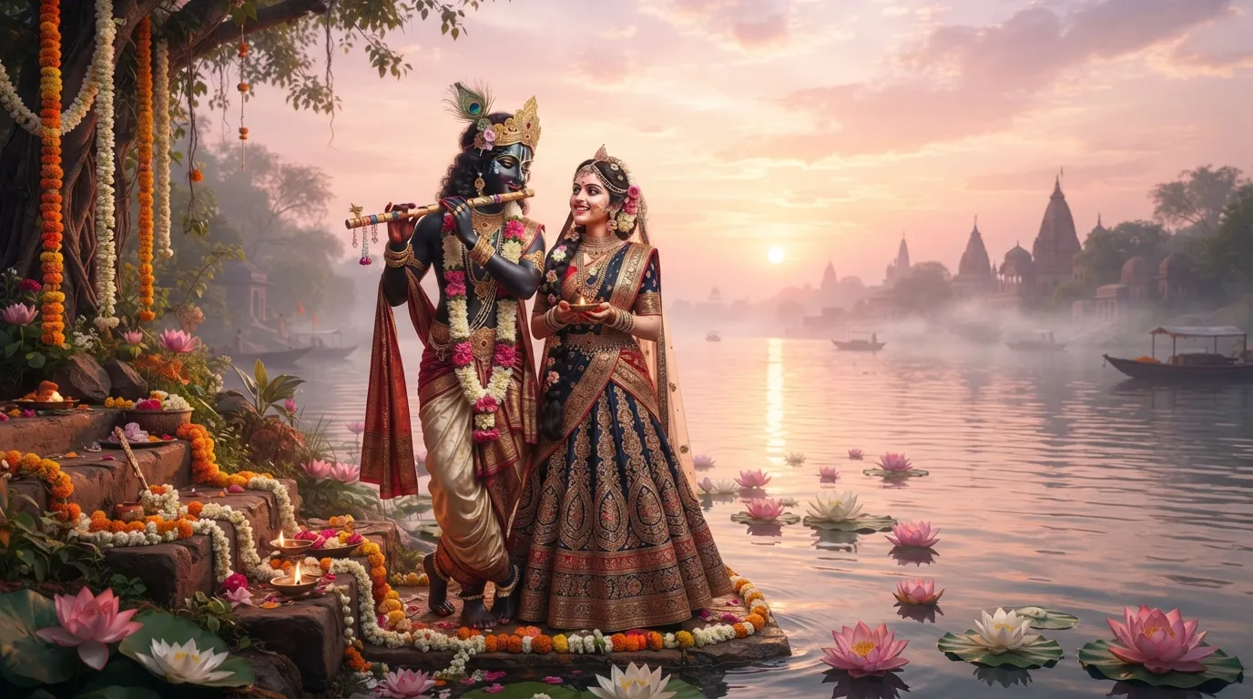 Divine Radha Krishna standing together with morning sunrise background