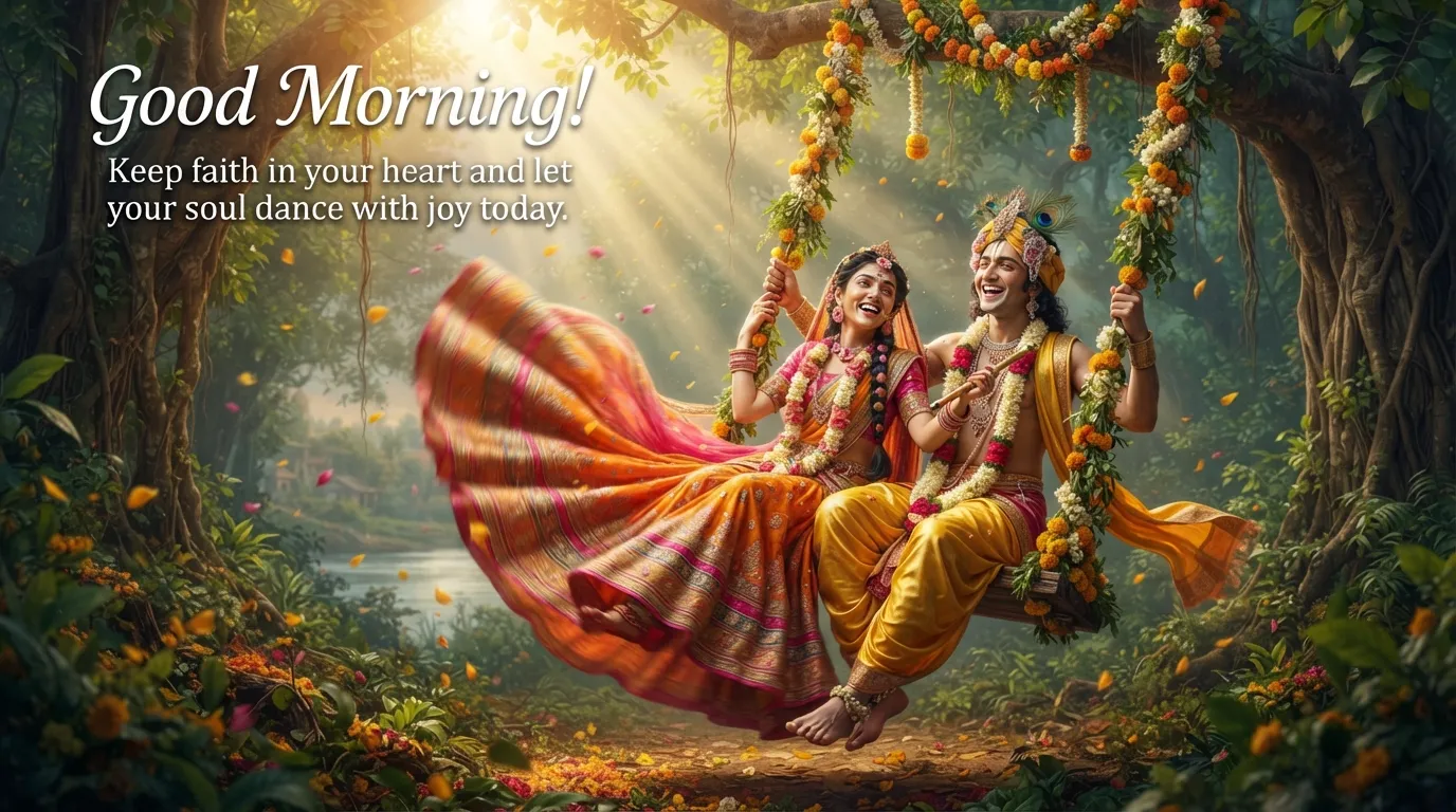 Radha Krishna enjoying a flower swing in a beautiful forest in morning light