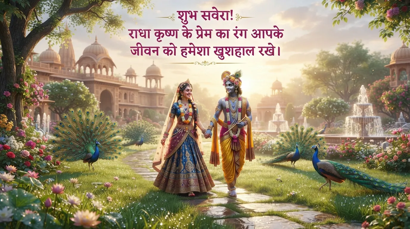 Radha Krishna walking in a garden filled with peacocks and morning dew with Hindi text