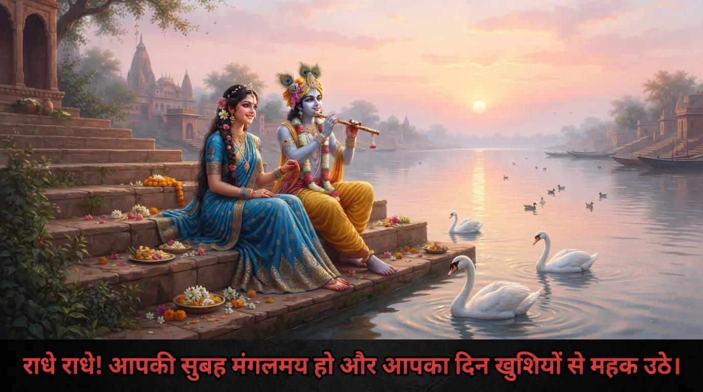 Radha Krishna sitting near the Yamuna river during sunrise with Hindi wishes