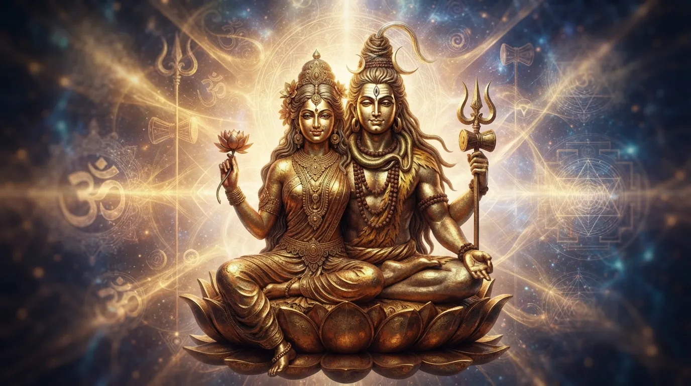 Abstract spiritual portrait of Shiva and Parvati covered in a brilliant golden light