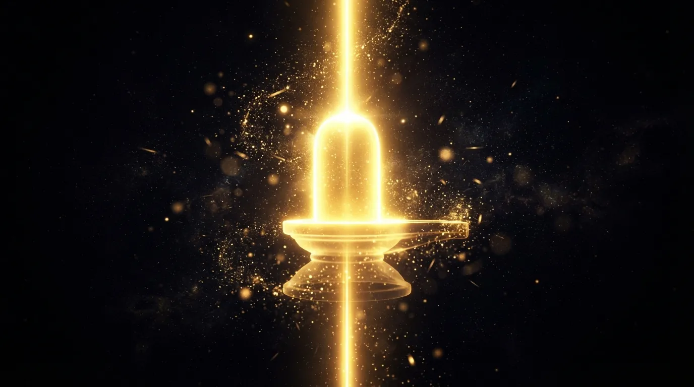 A majestic golden Shivling emitting brilliant pillars of divine light into a dark background.