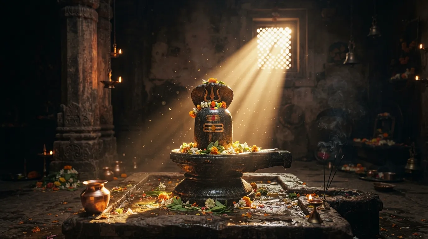 Shivling Illuminated by Bright Sunbeams filtering from above