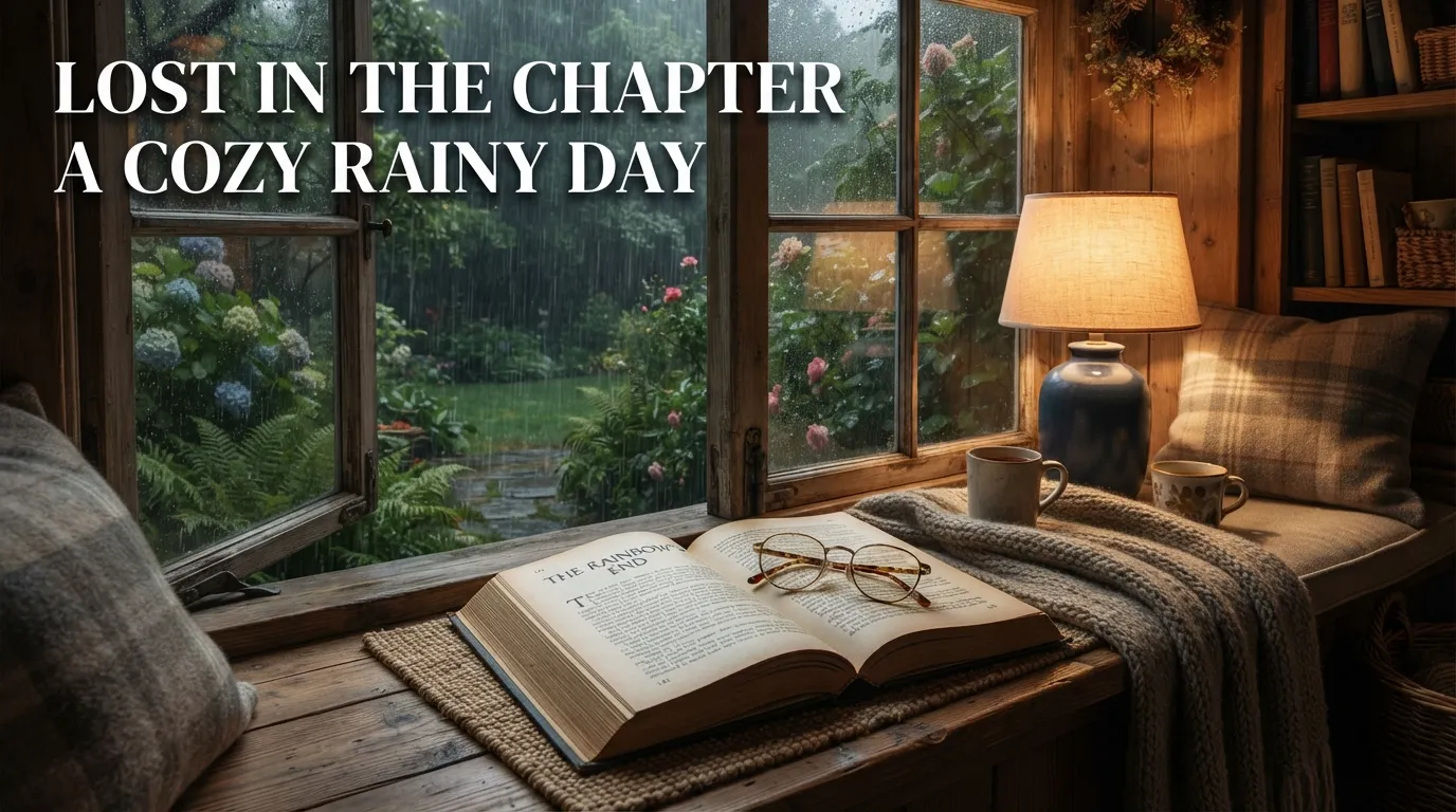 An open book on a wooden windowsill with glasses and rain visible outside.