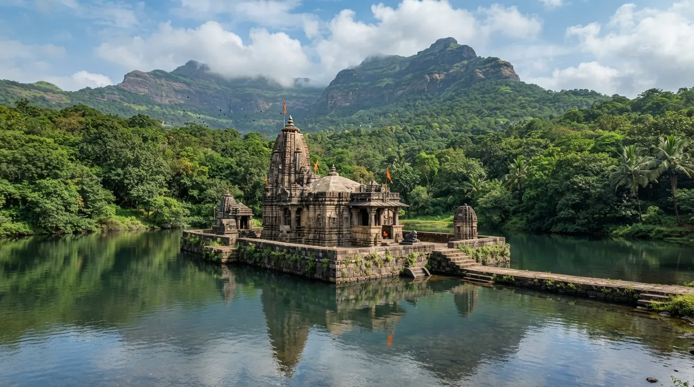 A wide-angle shot of the Rajmachi temple and its surrounding natural beauty, including the Shivling submerged in water.