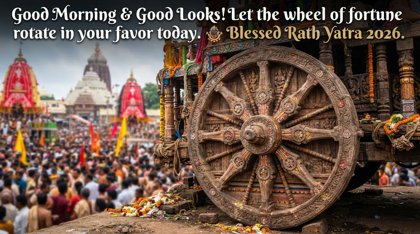 Detailed close up of the beautifully carved wooden wheel of Lord Jagannath's chariot.