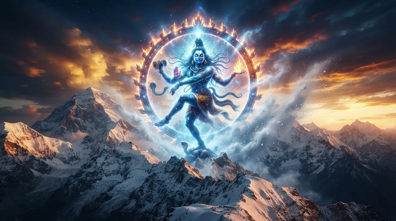 Lord shiva god nataraja images with majestic snow-capped Himalayan mountain background.