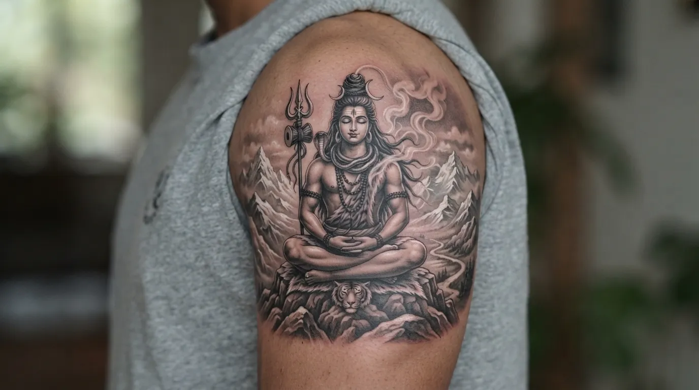 Realistic Bholenath tattoo photo showing Lord Shiva meditating on shoulder
