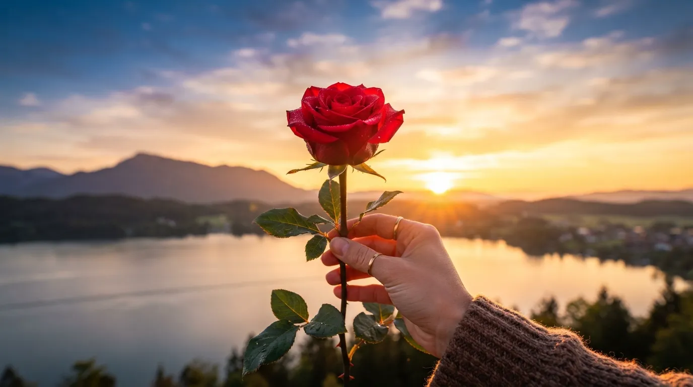 Hand holding a single red rose against a bright orange and golden morning sunrise sky