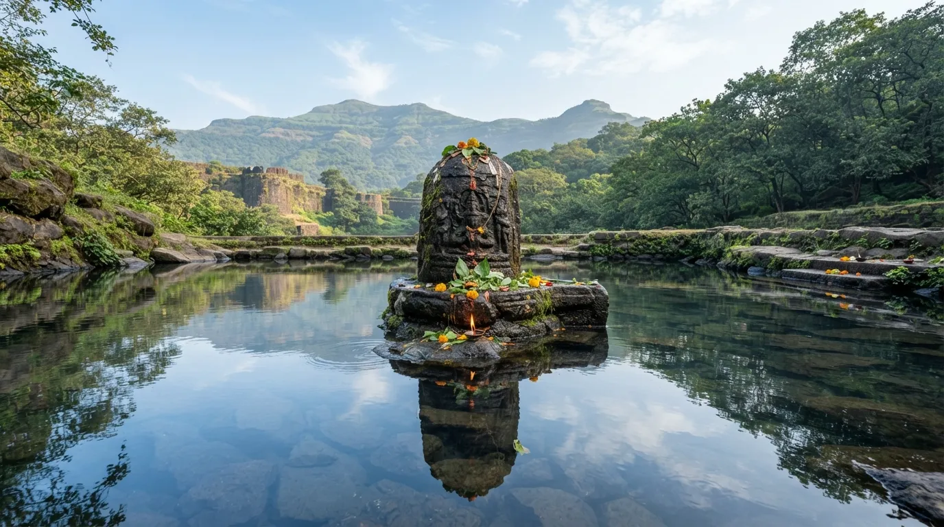 A reflection of the Rajmachi Shivling is visible in the clear water surrounding it.